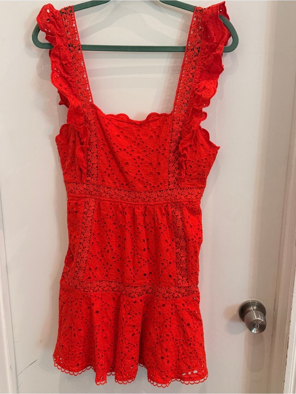 Betsey Johnson Red Eyelet Ruffle Mini Dress Size 10 Cottagecore Romantic Summer
